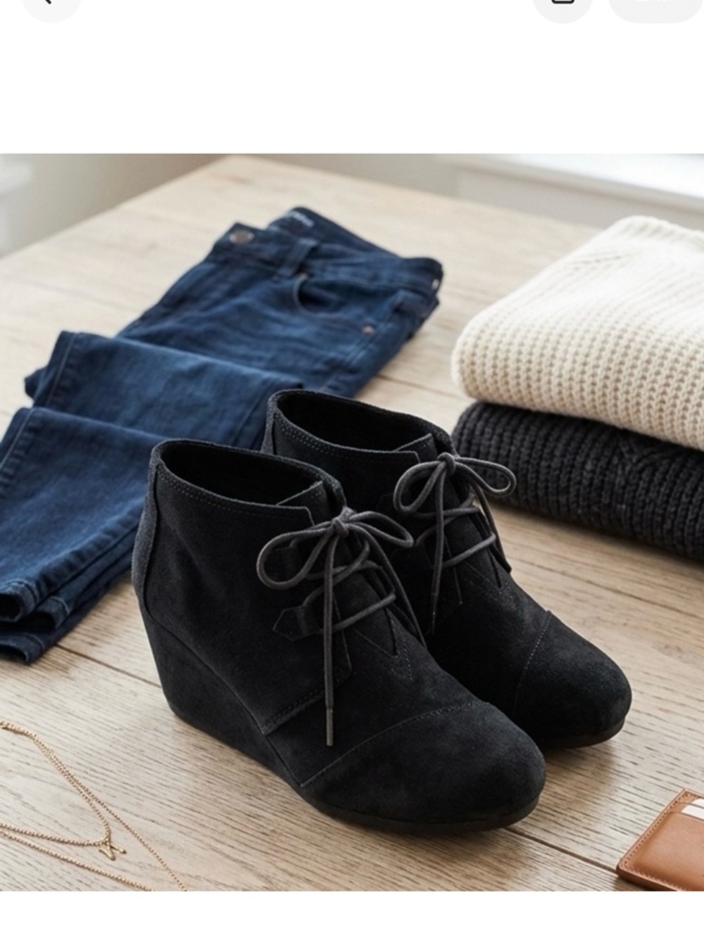 Toms Kala Black Suede Lace-Up Wedge Ankle Boots